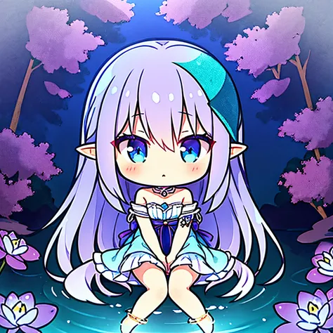 Water Nymph, hands made of water, dark purple hair, long hair, amber eyes, elf ears, blue water lily dress, no shoes, Japanese rope anklet, in a river, enchanted forest, white fox in lap