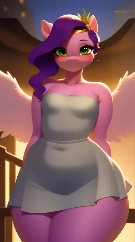 (score_9), (source_pony), (solo), (pegasus), ((anthro pipp petals :1.1)), (open back dress), pantie lines, sexy, blushing, seductive look, long hair, anatomically correct, night garden, very flat chest, half body, anime art style, solo, light purple fur, g...