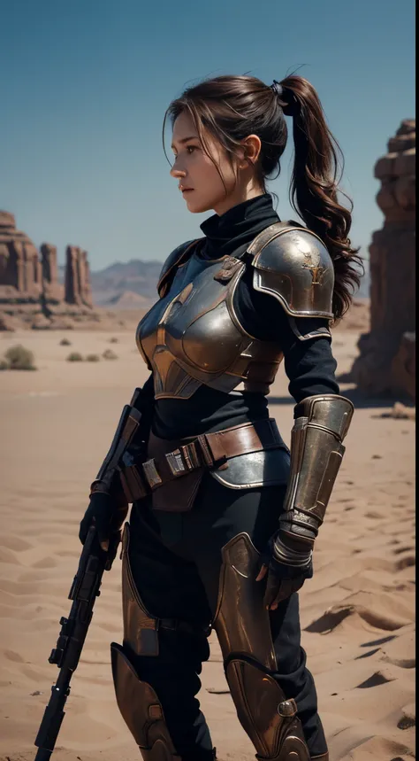 realistic image in 8k of a 30-year-old female, brown hair, slicked in tight ponytail, dressed in a black rpg warrior mandalorian...