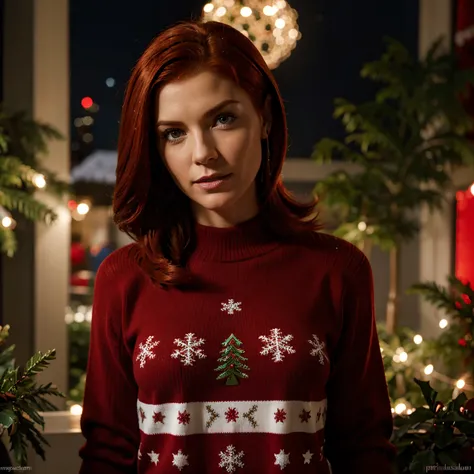 Red head Femshep wearing Christmas sweater, mass effect, Christmas decorations