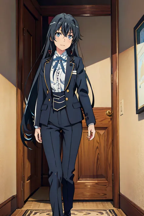 1girl, Illustration of a girl, yukinoshita yukino, view wears a tailcoat, standing, ((Anime)) 8k colorfully , 1GIRL , Yukinoshita yukino ,woman in formal suit butler tailcoat standing in a large alcove in the room, 1girl, solo, necktie, black hair, blue ey...