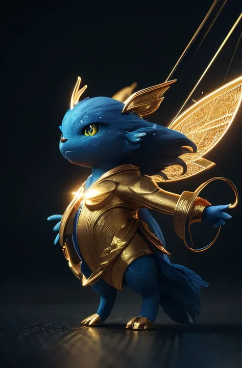 Blue and Gold little spirit creature, Electricity, Thunders, surrounded by lightning, floating, (humanoid), (fairy), Gold details, Gold tendrils, rendered in keyshot, rendered in octane render 32k, epic 3d abstract model, 3d render stylized, rolands zilvin...