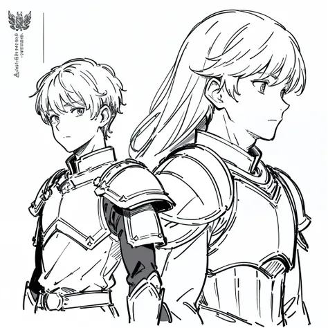 ((masterpiece)),(((best quality))),((((sketch)))),((monochrome)),(character design sheet), same character, front, side, back), illustration, (2 boy), hair color, bangs, hairstyle fax, (armor style), (simple background, white background: 1.3), --6