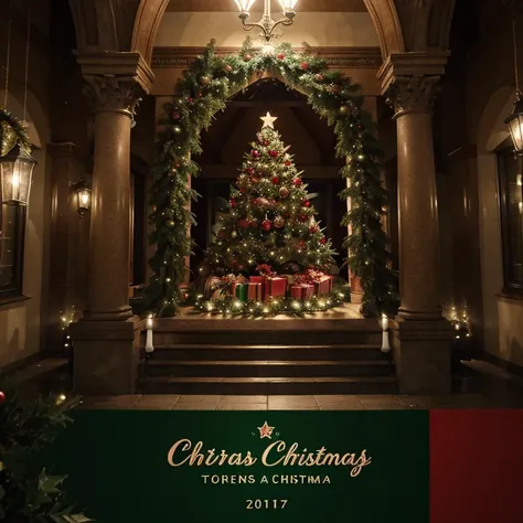 A beautiful Christmas card with red and green colours, with all many forms of  Christmas decorations in the background. No text