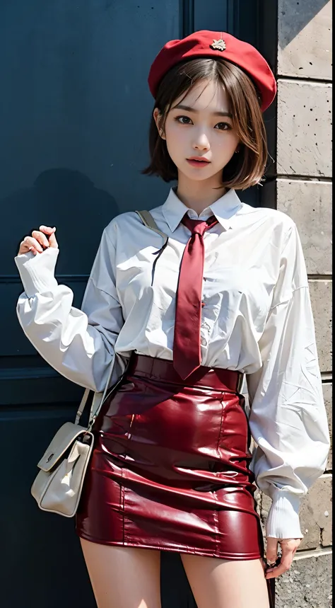 High-quality images,1girl in, (bags under eyes:1.5), Maroon hair, twin, White beret, White shirt, flower necktie,red satin tight skirt,