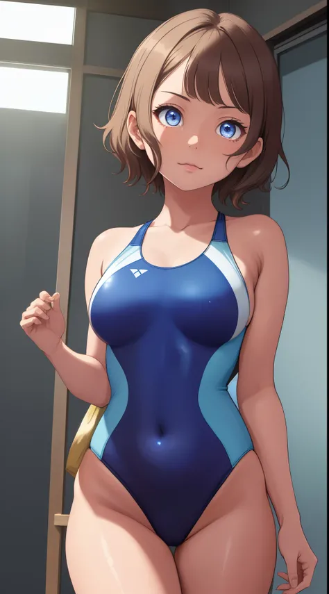 ((Masterpiece)), 8k wallpaper, Watanabe you,short hair,facial details,glowing eyes,detailed body part details,looking at viewer, blue one piece swimsuit.