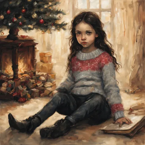 Realismo, uma pintura, estilo de fantasia de conto de fadas, Estilo Natal, Estilo John Tolkien, Pequena pintura de Jean-Baptiste Monge, soft facial features, Menina roqueira, sitting on a chair with loose black hair near the Christmas tree, soft facial fea...