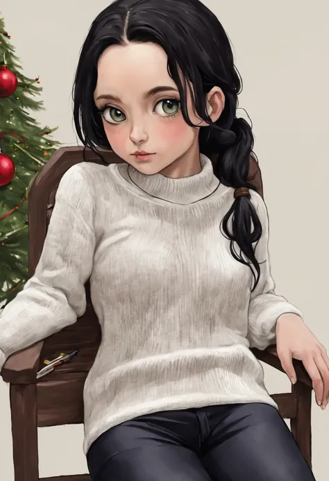 Realismo, uma pintura, estilo de fantasia de conto de fadas, Estilo Natal, Estilo John Tolkien, Pequena pintura de Jean-Baptiste Monge, soft facial features, Menina roqueira, sitting on a chair with loose black hair near the Christmas tree, soft facial fea...