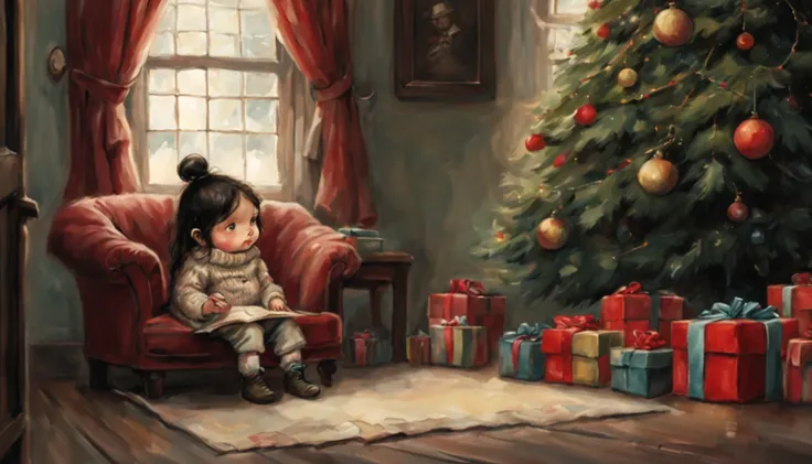 Realismo, uma pintura, estilo de fantasia de conto de fadas, Estilo Natal, Estilo John Tolkien, Pequena pintura de Jean-Baptiste Monge, soft facial features, Menina roqueira, sitting on a chair with loose black hair near the Christmas tree, soft facial fea...