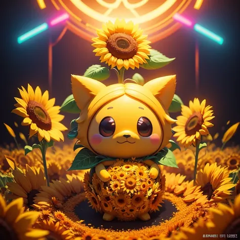 "Sunflower. in a pile of Sunflower and Sunflower canes, cute colorful, digital painting, cute detailed digital art, hyper colorful, neon coloring, cute digital art, beeple colors, colorful hd picure, beeple and jeremiah ketner, glowing lights! digital pain...