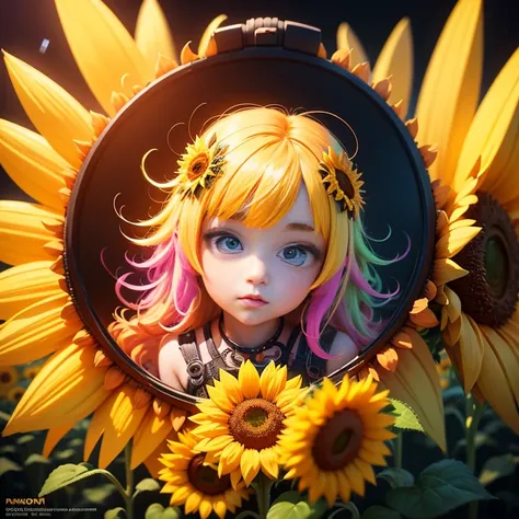 "Sunflower. in a pile of Sunflower and Sunflower canes, cute colorful, digital painting, cute detailed digital art, hyper colorful, neon coloring, cute digital art, beeple colors, colorful hd picure, beeple and jeremiah ketner, glowing lights! digital pain...