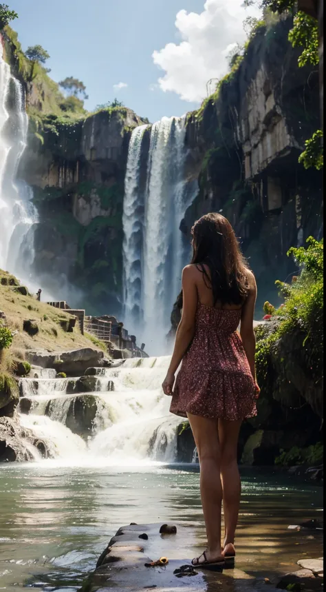 woman sundress at mexico waterfall