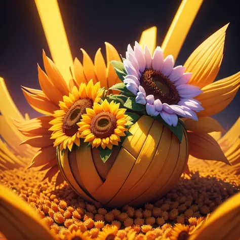 "Sunflower. in a pile of Sunflower and Sunflower canes, cute colorful, digital painting, cute detailed digital art, hyper colorful, neon coloring, cute digital art, beeple colors, colorful hd picure, beeple and jeremiah ketner, glowing lights! digital pain...