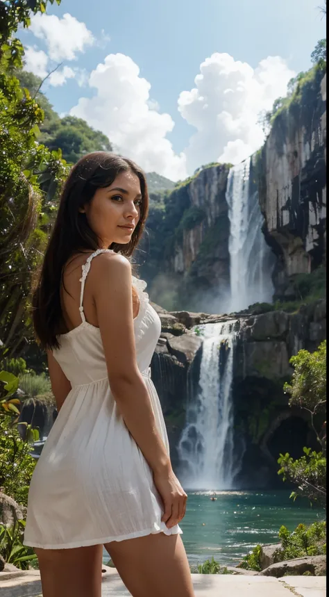 woman sundress at Mexico waterfall back to viewer