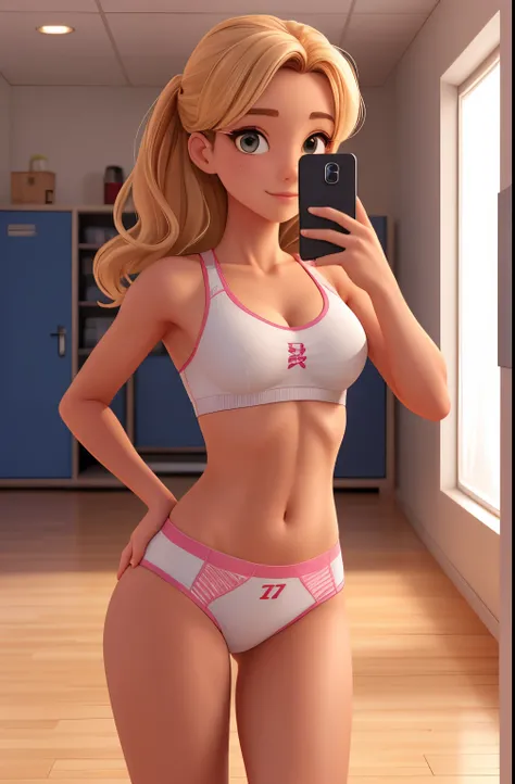 1 young cheerleader, bra and panties,in gym locker room, small breasts   random hair styles, beautiful, perfect skin, 8k resolution, perfect lighting, perfect face, perfect shading, extreme detail, shining, tanned skin, bright lighting, taking selfie