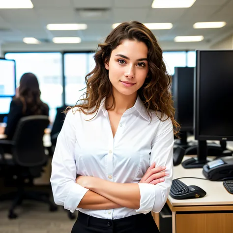 beautiful 23 y.o Beautiful brunette, innocent face, naturally wavy hair, high resolution, Masterpiece, Best quality, a woman in a white shirt and black pants, In the background is an office with computers, blurred background, business clothes, casual busin...