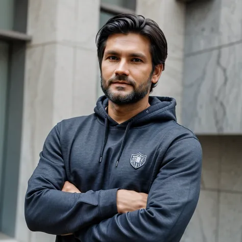 close-up portrait of a mature man with Viking features, 41 years old, medium beard, black sweatshirt, small brown eyes, gray marble background, half smile, seductive look, short black hair