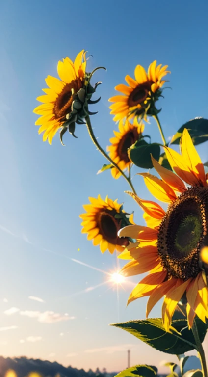 sunflower, field, giant sunflowers around, sunflowers petals on air, landscape, 8k, raw photo, best quality, masterpiece, magic ...