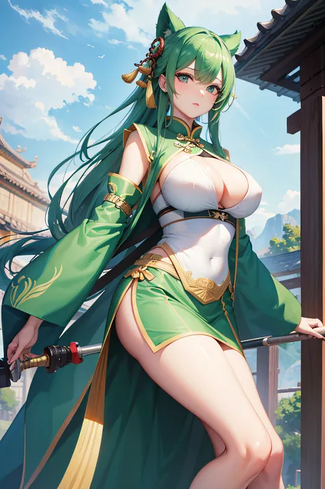 4K,hight resolution,One Woman,bright green hair,Longhaire,Colossal tits,ancient chinese military commander,white green cheongsam,spear,Ancient Chinese Villages