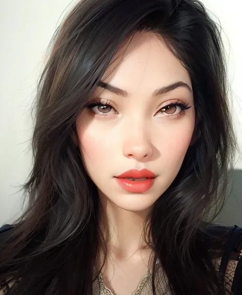 a close up of a woman with long hair and a red lipstick, coral lipstick, light-red lips, mai anh tran, xision wu, faint red lips, katherine lam, gemma chan, asian face, lulu chen, louise zhang, red lips, full lips, sexy lips :5 stylish, gemma chan girl por...