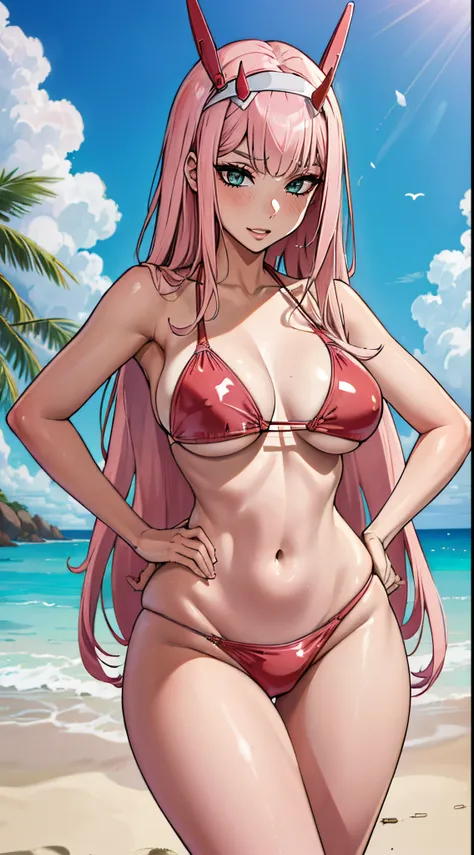 (melhor qualidade:1.3), Zero two , (long hair ), peituda, clivagem, sedutora, sexy, () bunda grande, peitos grande, (beach), (bikini latex pink),