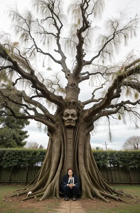 there is a tree with a face carved into it, a portrait inspired by Patrick Dougherty, pexels, naturalism, with a few scars on the tree, twisted trunk, person made of tree, treebeard, an old twisted tree, the trees are angry, willow tree, trees with faces, ...