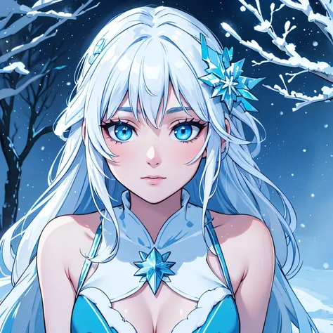 crystal maiden, ice powers, flowing gown, detailed snowflake patterns, ethereal beauty, delicate hands and face, glowing icy blue eyes, long silver hair, frosty breath, frost-covered landscape, frozen trees, shimmering aurora borealis, magical ice castle, ...