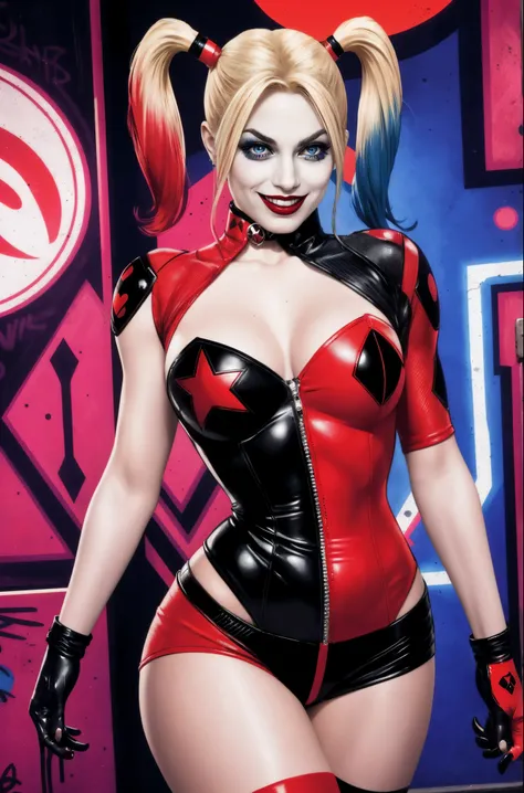 A sexy Harley Quinn from DC Comics. High-resolution artwork, vivid colors, and sharp focus. Extremely detailed face with beautiful eyes, detailed lips, and long eyelashes. Emphasize her mischievous grin and playful expression. She is wearing her iconic red...