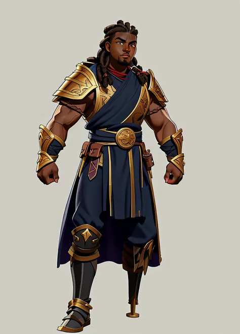 young black man with dreadlocks, heroic fantasy character concept, concept art of a warrior, a human male paladin, character design sheet, different angels, front and back of the same character, wooden peg leg, faint goatee