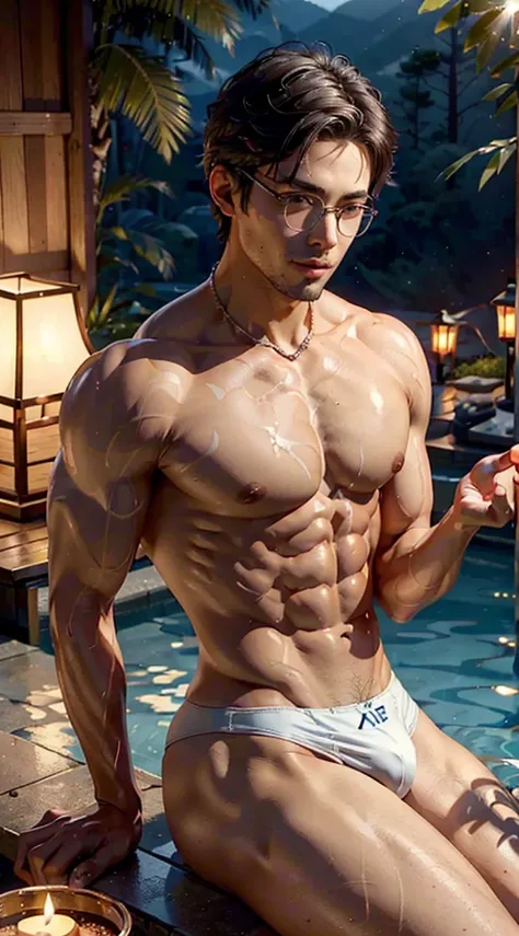 a couple of two stylish glasses boys, groin loves touching, two boys skinships of love, stylish glasses gays, tight thongs with huge bulges, artistic glasses slendermusclemen, white satin triangular swimsuits, male focus, angular jaws, pervert smirking, mu...