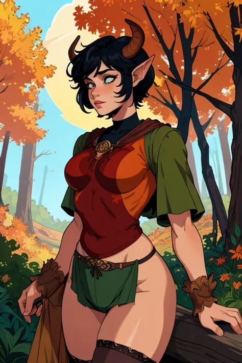 (masterpiece,best quality,absurdres,beautiful,aesthetic,detailed,cell shading),1girl faun ,autumn, forest, loose clothes (covering the whole body), large body, comic book style ,black hair,solo,cowboy shot,fantasy,tabard,outside,sun, fauns leg, fauns ear ,...