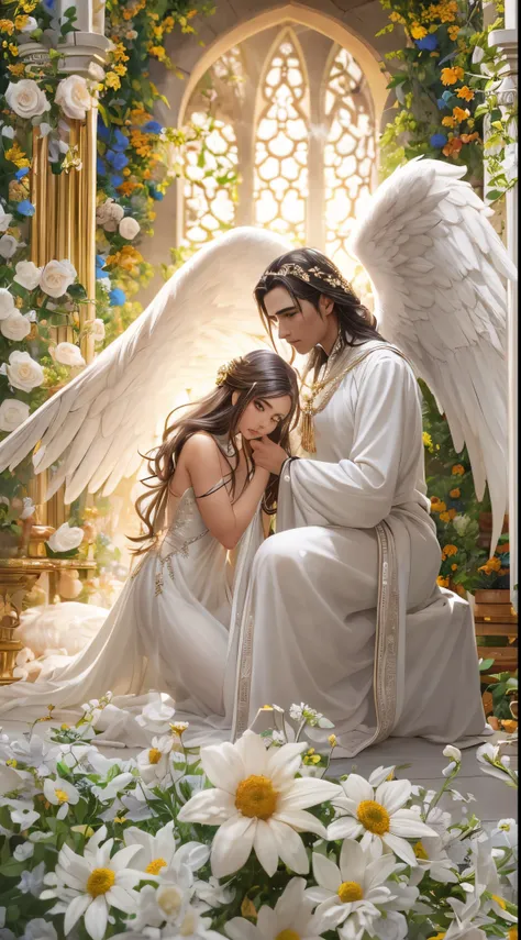 Beautiful 18-year-old woman with a white tunic that covers her body and hair kneeling to a 30-year-old male Angel with white wings and white flowers in his hands, rostros muy preciosos y muy detallados, la mujer tiene cubierto su cabello con un manto blanc...