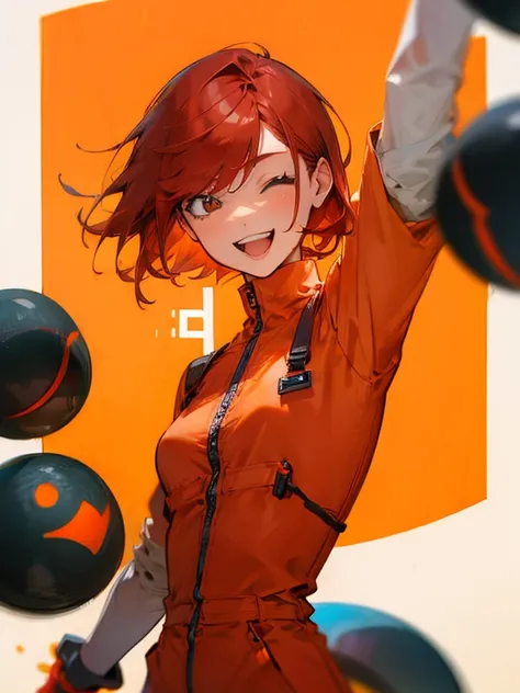 Female Android、red hair short cut、A woman wearing an orange jumpsuit、Laughing face、