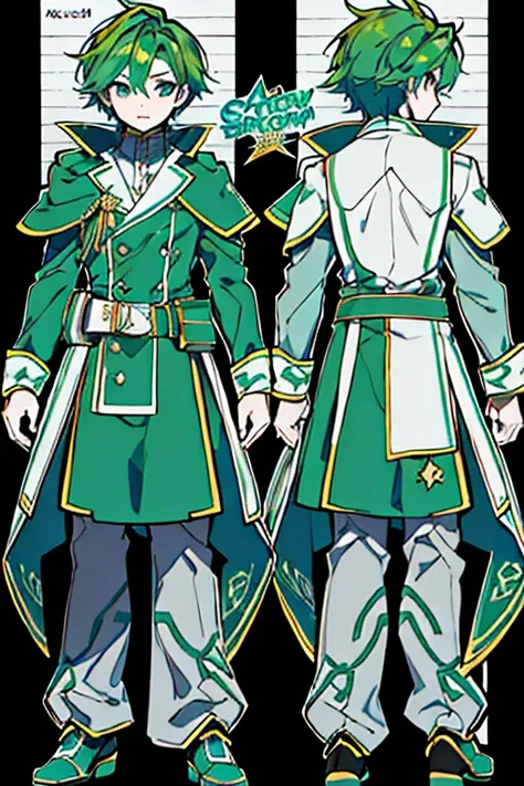 Close-up of a man in a singing costume，green hair，Turquoise color scheme，Green dominant color（（character concept art）），((CharacterDesignSheet、Same Role、facade、side face、on back))Character cover for Maple Story，Video game character design，Video game charact...