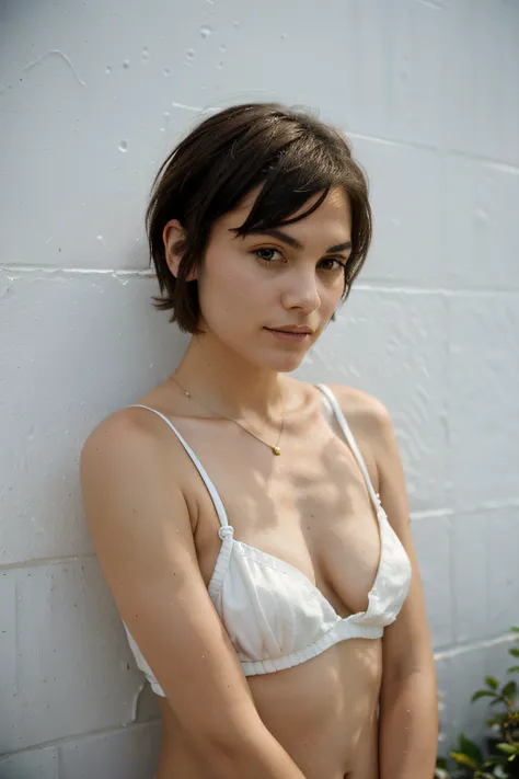 street photography,  shannyn sossamon, beautiful, dark pixie cut, festival, white tiled wall