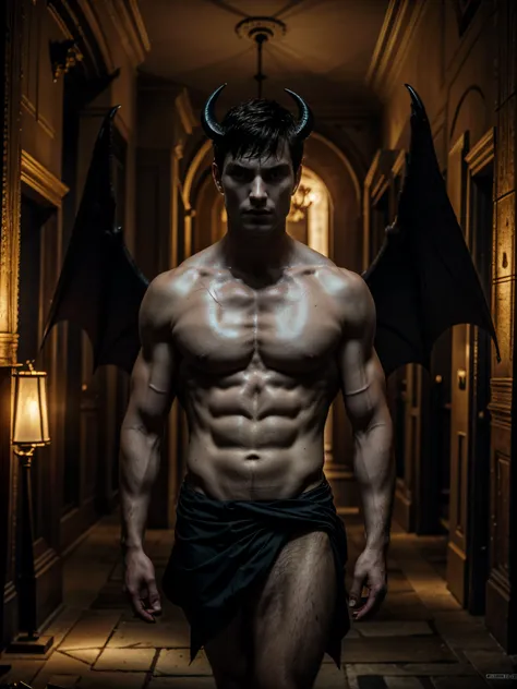 ((masterpiece)),((best quality)),8k, high detailed, ultra-detailed, Stylish Pose, real skin texture, cinematic lighting, 18-year-old male model, handsome, cute looking, evil look, evil eyes, (black sheep-alike horns) white pale skin, blue eyes, short brown...