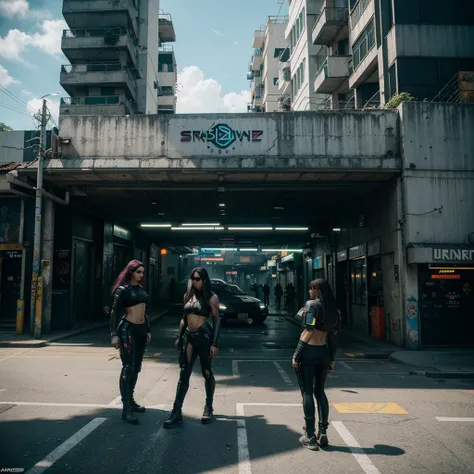 Cidade futurista estilo cyberpunk 2077,sobrando realista, com carros futurista de fundo, during the day random people passing by in the background.