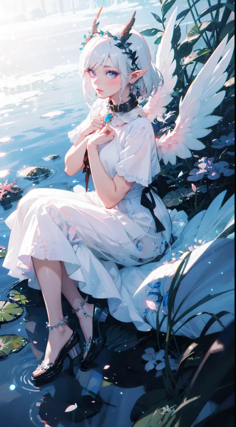 Rusticcore, contest winner, pixiv, Disgusting a white haired elf woman with wings and jewels on her head and chest, wearing a white dress with silver wings and a silver collar, (Charlie Bowater:0.158) , (Artgerm:0.073) , (a character portrait:0.265) , (whi...