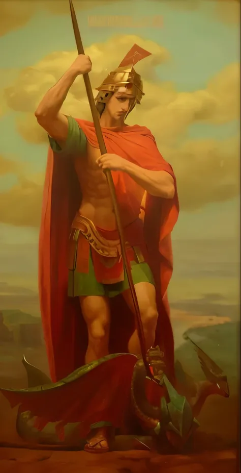 Extremely perfect cinematic hyperrealistic image of a man in a red cape holding a spear and a dragon, orthodox saint christopher, Pintura de Golias, Directed by: Nicholas Marsicano, saint michael the angel, segurando seu tridente, saint of the pit, Arcanjo...