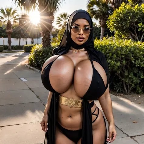 arab middle eastern milf, belly dancer, open belly, bbw, gigantic breasts, curvy, thick, big wide hips, black hijab, slim waist, sun glasses, on the oasis, strong eyebrow, big lips, golden jewelrys, sun light,