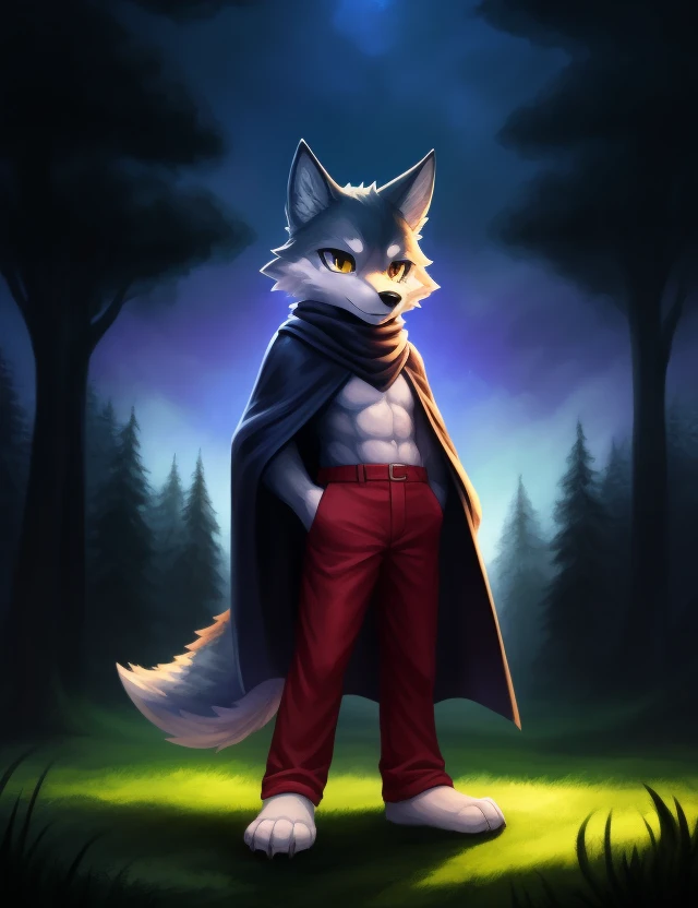 Masterpieces, furry, male, (wolf), solo, chibi, kemono, wearing black cloak, wearing white scarf, wearing red pants, high quality, absurd res, digital painting, (dark shadows, wide dynamic range, hdr, low light:1.2)