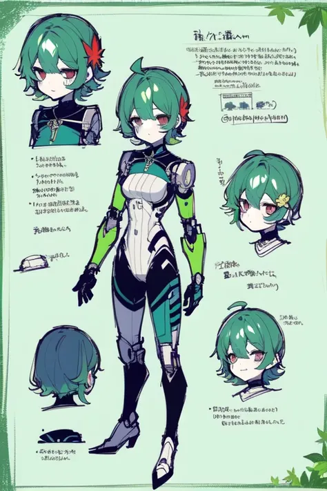 1girl in, ((Character information)、(Chara Leaf)、Type sheet, Character Sheets, Three types，Shot Full Body，Game Character Design，Colorful, Bright, Cyborg, robot