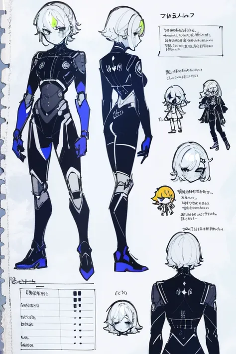 1girl in, ((Character information)、Type sheet, Character Sheets, Three types，Shot Full Body，Game Character Design，Colorful, Bright, Cyborg, a robot