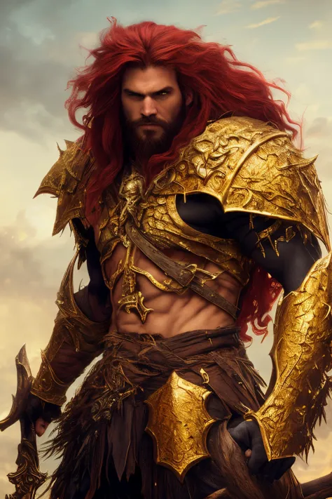 Gold armor, berserker potrait, male barbarian, fantasy art, From his look alone enemies starting to panic, one head,devilish smile, Hell beast, demon, white-fire Sky, warrior, with scythe and shield, beutiful, men, Werelion, long braided red Hair, glowing ...