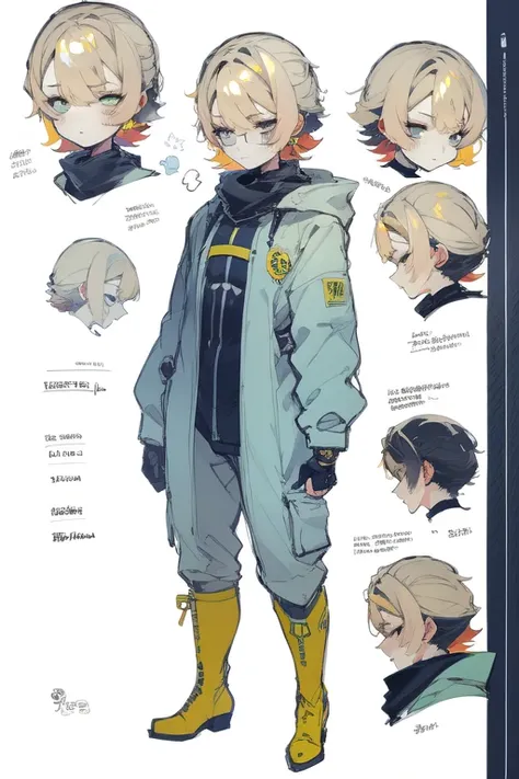 1girl in, ((Character information)、Type sheet, Character Sheets, Three types，Shot Full Body，Game Character Design，Stylistic expression, inspired by Alphonse Mucha, A lot of style, flat shading flies, Abstract art, baggy clothes, ，windproof boots, official ...