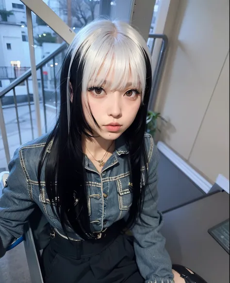 hay una mujer de largo cabello negro sentada en una silla, Peinado blanco de corte hime, cabello negro y flequillo blanco, flequillo blanco, con pelo largo blanco, 1 7 - year - old anime goth girl, El Corte Hime, Chica Cabello Plateado, whitebangsblackhair...