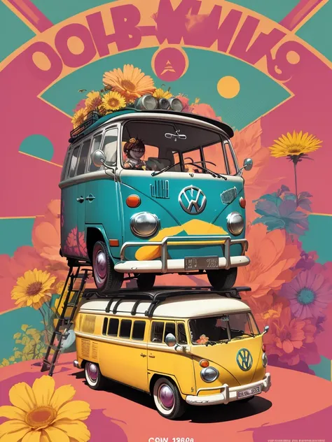 "Create a 1960s poster in a vibrant and humorous cartoon style featuring a Volkswagen Kleinbus adorned with flower icons and hippie elements. isometric vision. Enfatize contornos ousados e use cores vivas para um efeito atraente."