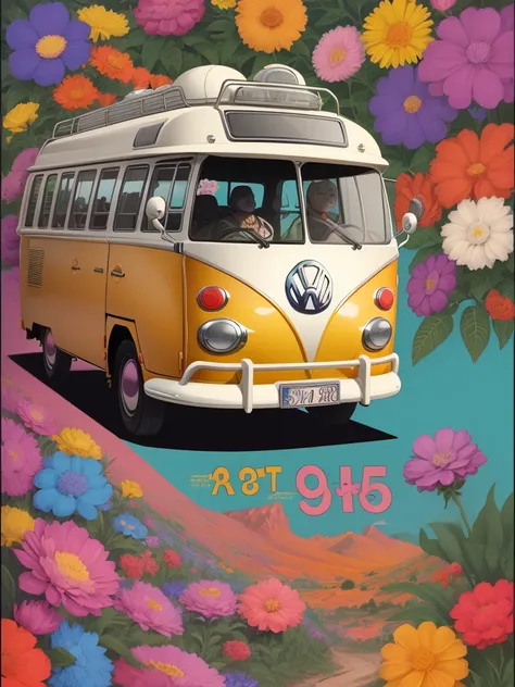 "Create a vibrant and humorous 1960s cartoon style poster featuring a Volkswagen Kleinbus adorned with flower icons and hippie elements. isometric vision. Enfatize contornos ousados e use cores vivas para um efeito atraente."