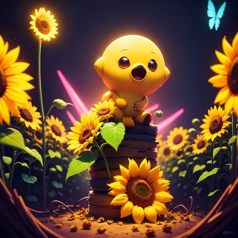 "Sunflower. in a pile of E.T and E.T canes, cute colorful, digital painting, cute detailed digital art, hyper colorful, neon coloring, cute digital art, beeple colors, colorful hd picure, beeple and jeremiah ketner, glowing lights! digital painting, cute 3...