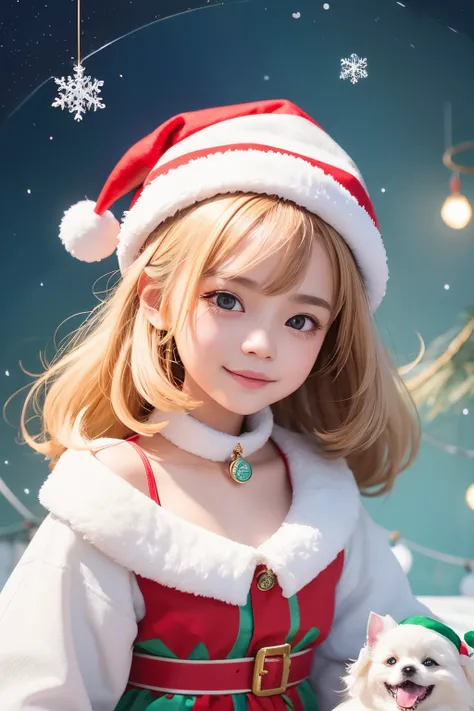 3D vector art、Girl holding a colorful cute white Pekingese dog、（A dog wearing a Christmas hat and saluting,The collar has a bell、 cute christmas present）, Ultra-realistic high quality,  Cute and quirky, Fantasy Art, Watercolor effect